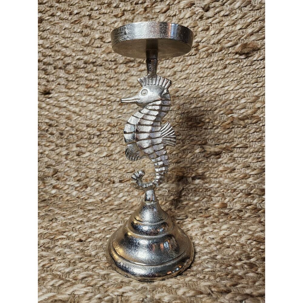 Silver Metal Aluminum Seahorse Candle Holder Nautical Coastal Beach House Decor